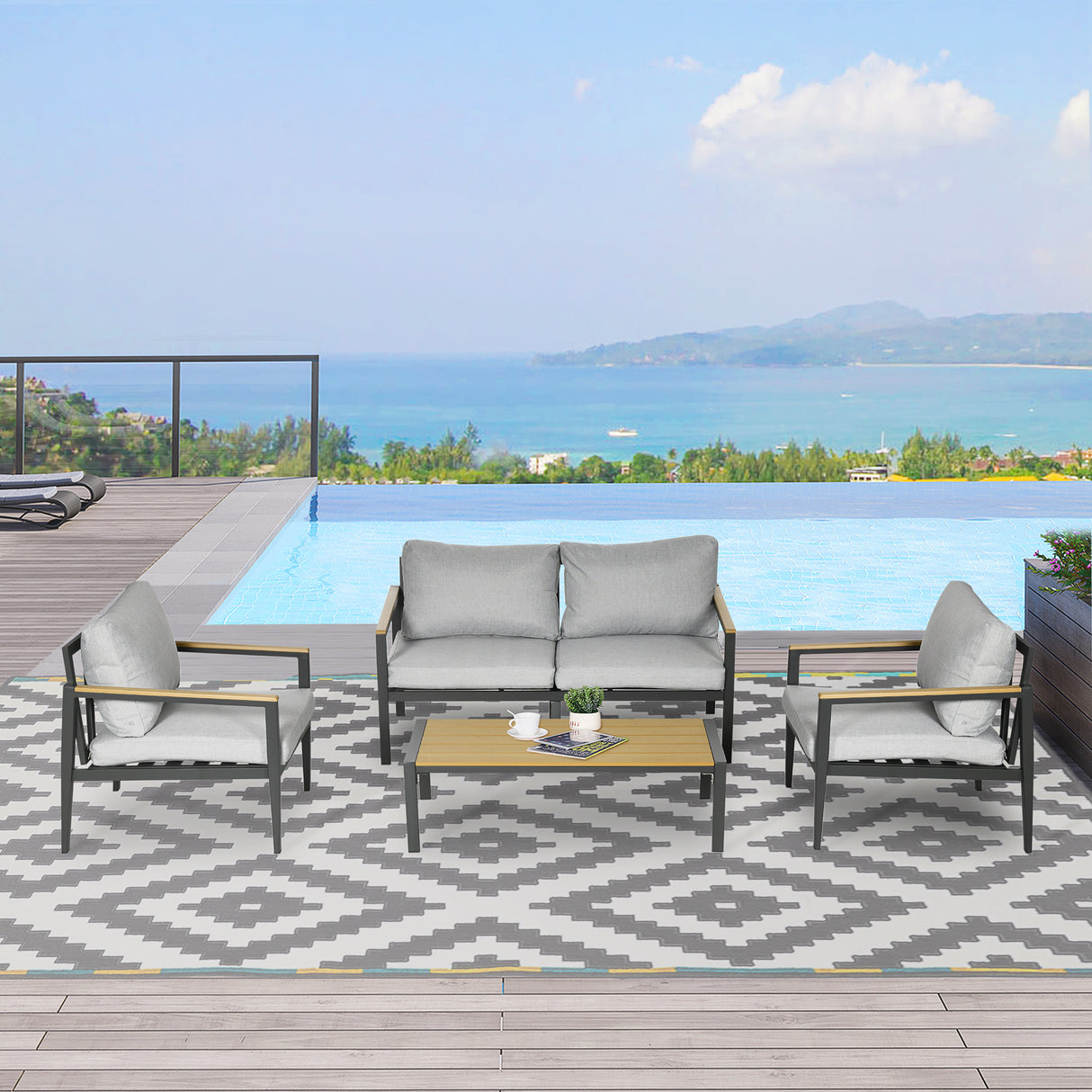 easycomfort easycomfort salotto da esterni da 4 pezzi con divanetto 2 poltrone e tavolino in alluminio grigio chiaro