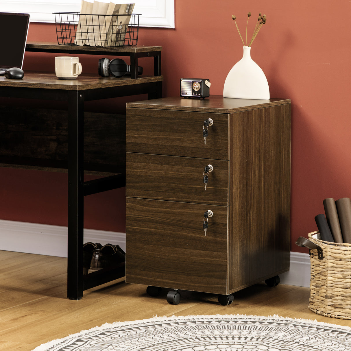 easycomfort easycomfort schedario portadocumenti per studio e ufficio in mdf con 3 cassetti e ruote 40x50x68 5 cm marrone