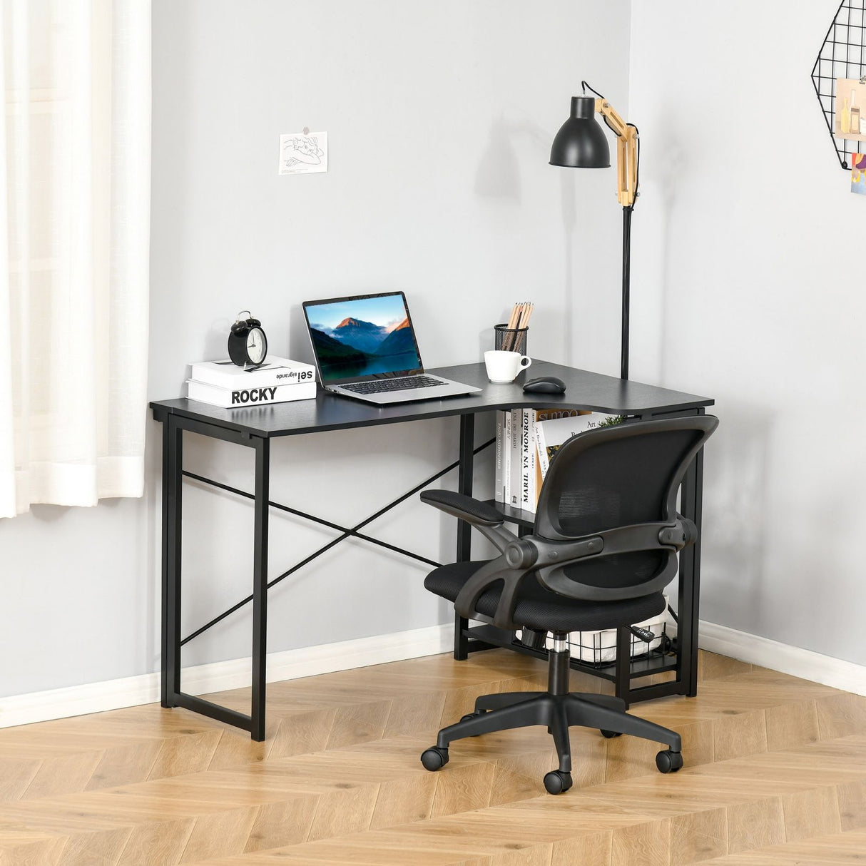 easycomfort easycomfort scrivania angolare a scomparsa pieghevole con 2 ripiani laterali in legno e metallo nera