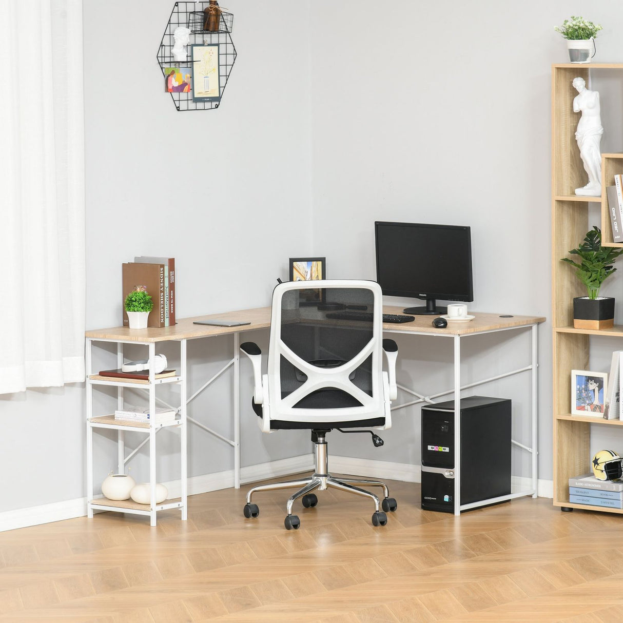 easycomfort easycomfort scrivania angolare con scaffale a 3 mensole e fori passacavi metallo e mdf 150x120x74cm legno e bianco