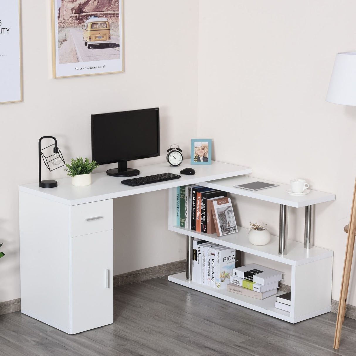 easycomfort easycomfort scrivania angolare moderna in legno bianco con cassetto armadietto e mensole ean 8054144133485