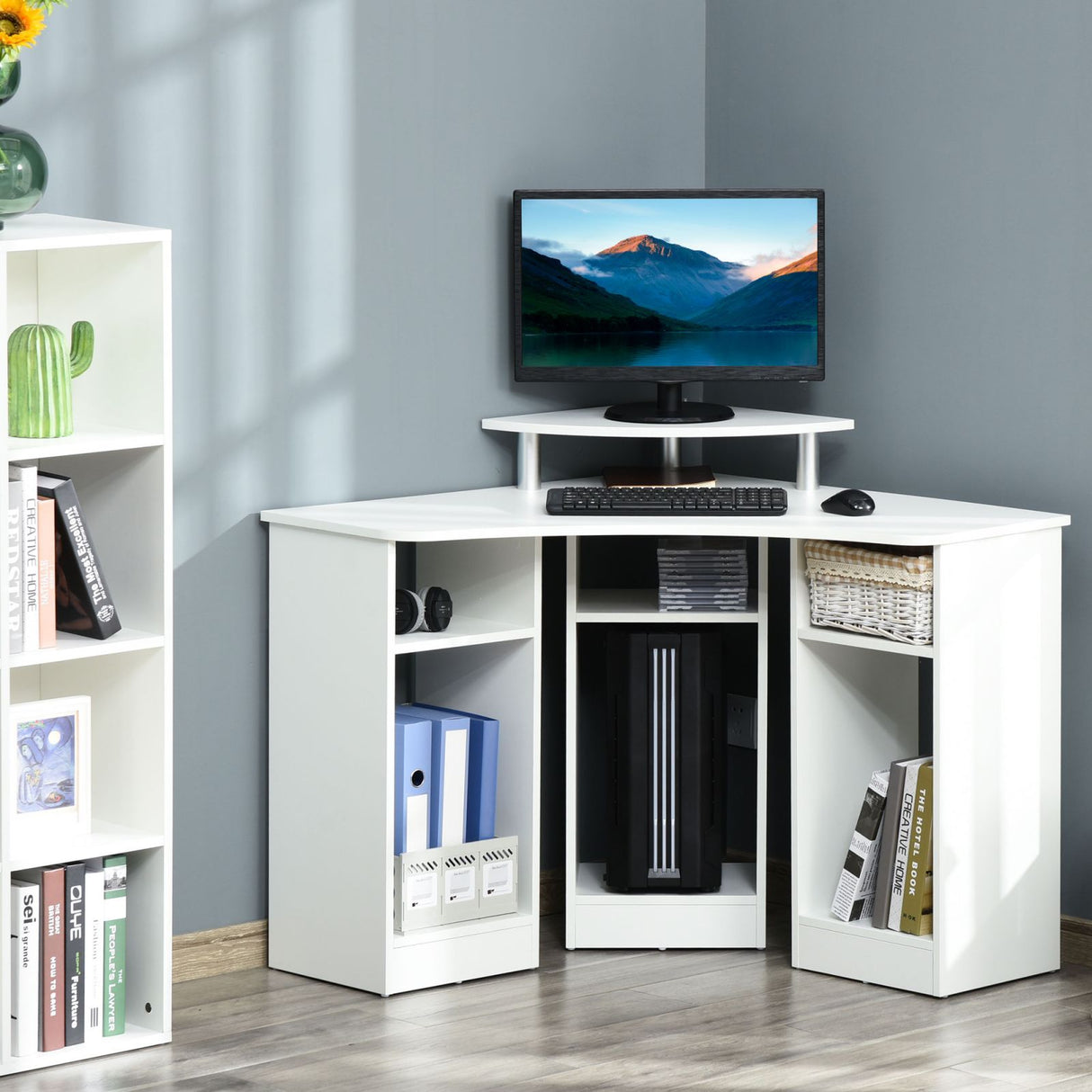 easycomfort easycomfort scrivania angolare porta pc in legno con ripiano monitor bianco