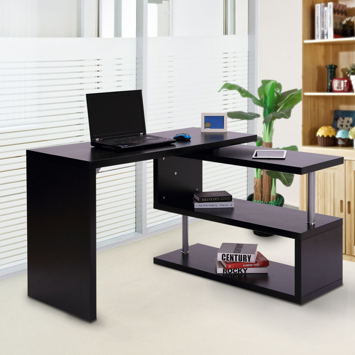 easycomfort easycomfort scrivania angolo per computer con scaffali in legno nero 120x106x75cm ean 8054111845984