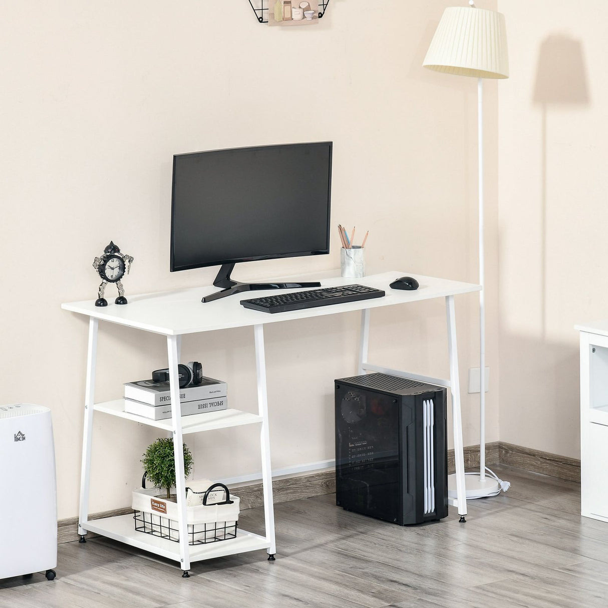 easycomfort easycomfort scrivania con 2 ripiani laterali in legno e acciaio bianco