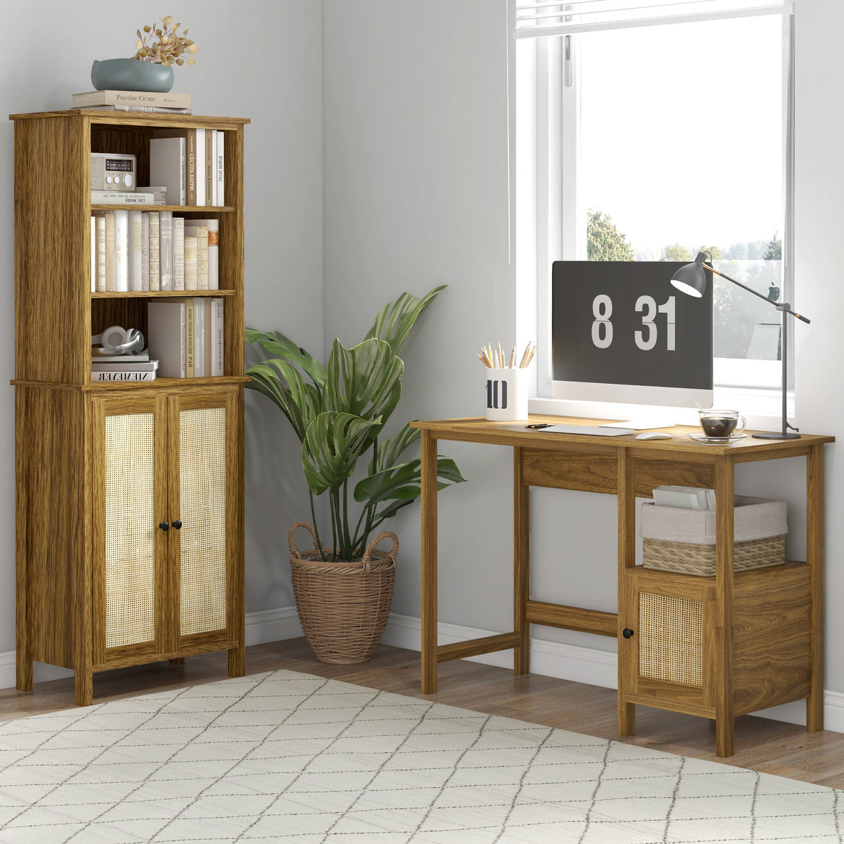 easycomfort easycomfort scrivania in legno con ripiano e armadietto con anta in rattan stile boho 110x48x76cm noce
