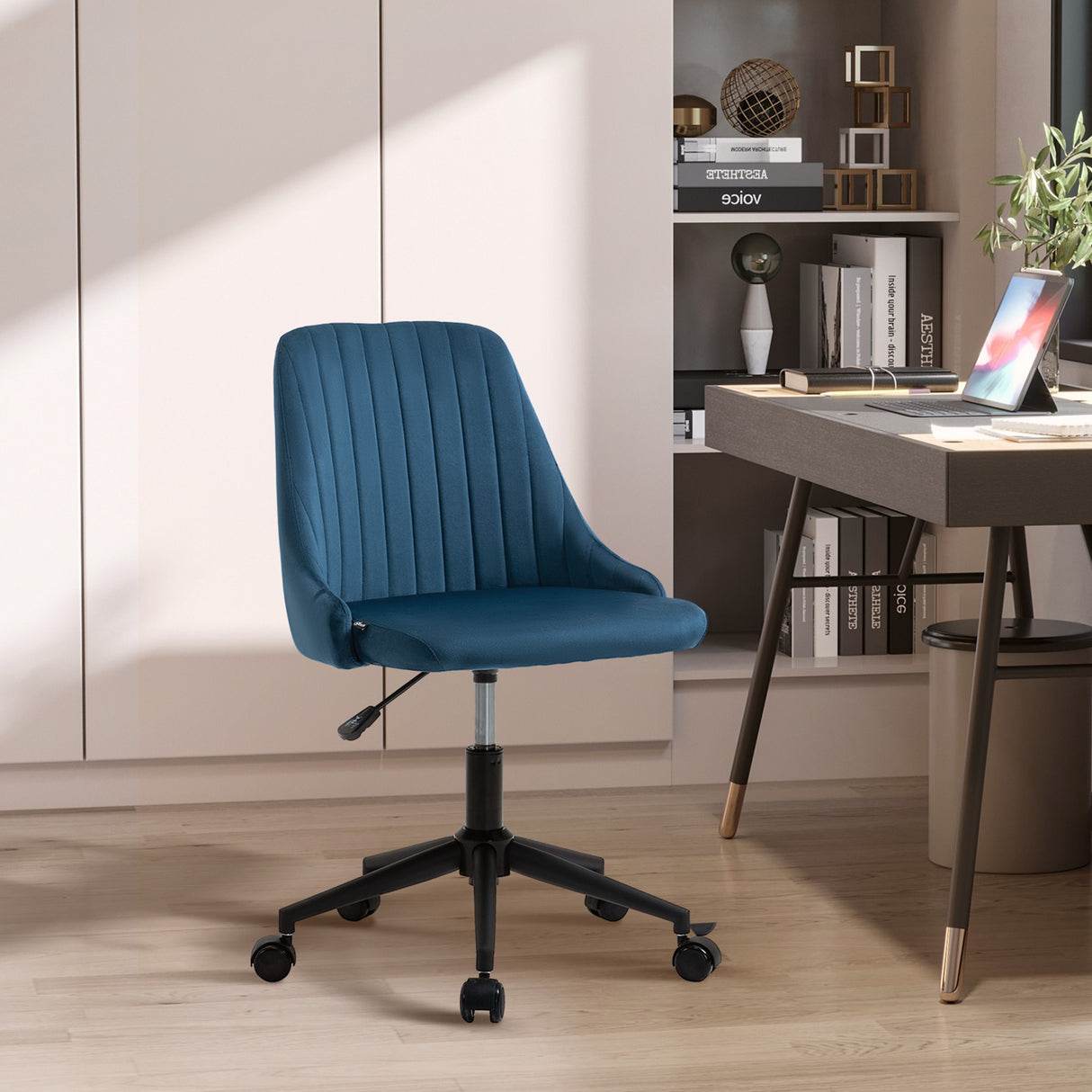 easycomfort easycomfort sedia da ufficio in velluto blu con altezza regolabile sedia ergonomica girevole a 360 e ruote 50x58x77 87cm