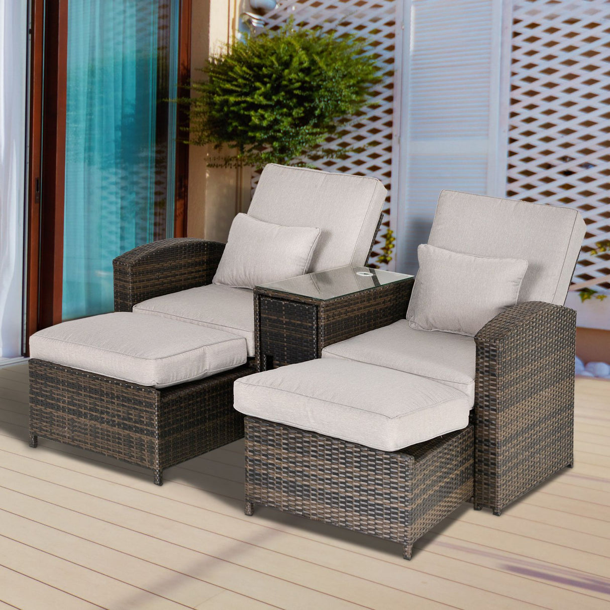 easycomfort easycomfort set 2 poltroncine da giardino reclinabili con poggiapiedi e tavolino in pe rattan marrone ean 8055776912936