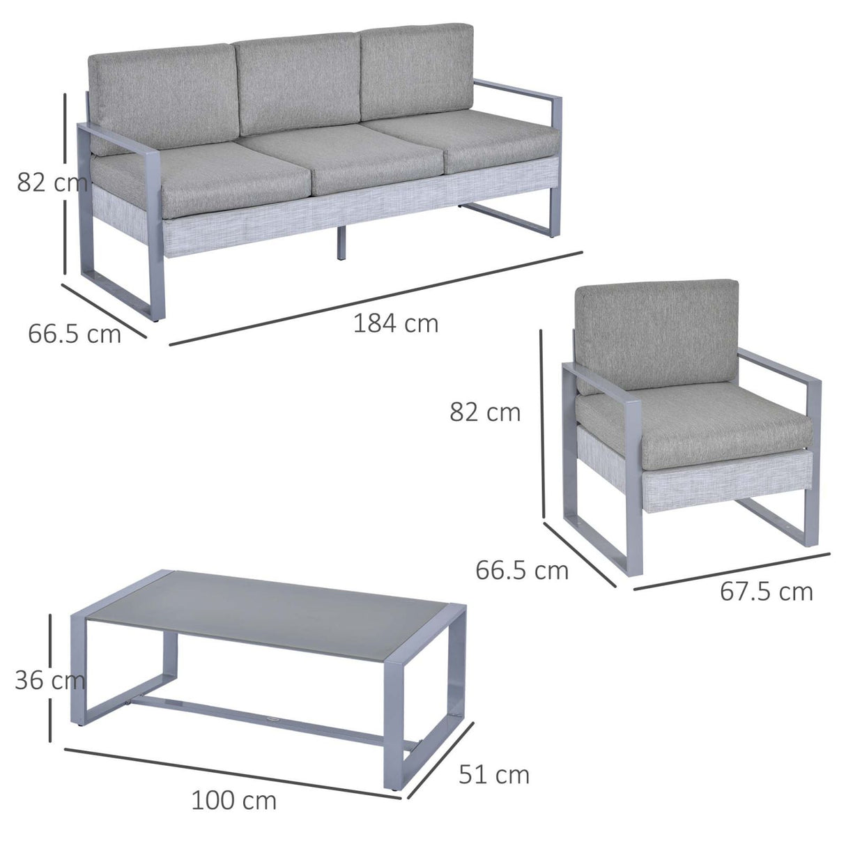 easycomfort easycomfort set 4 pezzi mobili da giardino con divano 3 posti 2 poltrone con cuscini e tavolino in alluminio e vetro grigio ean 8055776916620