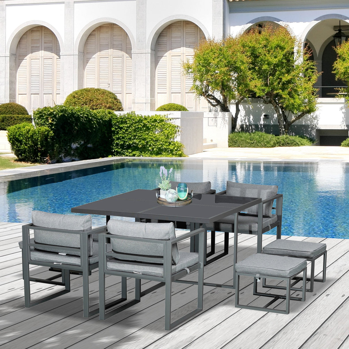 easycomfort easycomfort set con tavolo 4 sedie e 4 sgabelli da giardino salotto da esterno in alluminio grigio