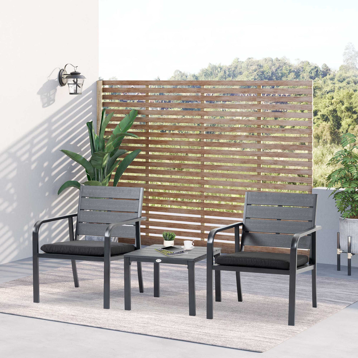 easycomfort easycomfort set da giardino 3 pezzi con tavolino e 2 sedie con cuscini acciaio e plastica grigio scuro