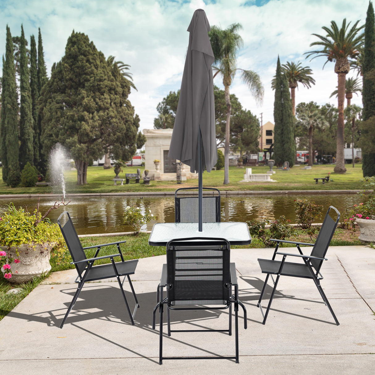easycomfort easycomfort set da giardino 5 pezzi con 4 sedie pieghevoli e tavolo in metallo e vetro temperato nero