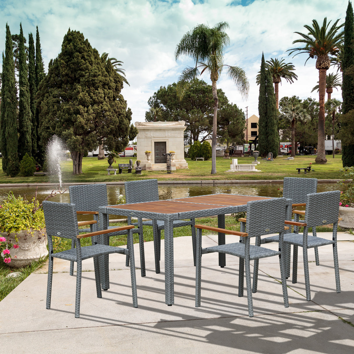 easycomfort easycomfort set da giardino 7 pezzi tavolo in acciaio e 6 sedie in legno e rattan con cuscini grigio