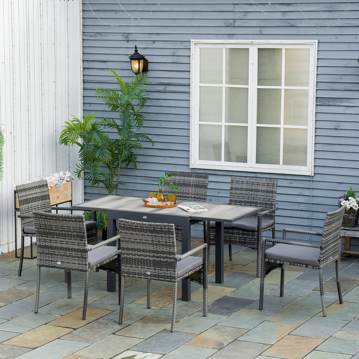 easycomfort easycomfort set da giardino con tavolo allungabile e 6 sedie con cuscini in rattan pe grigio e marrone