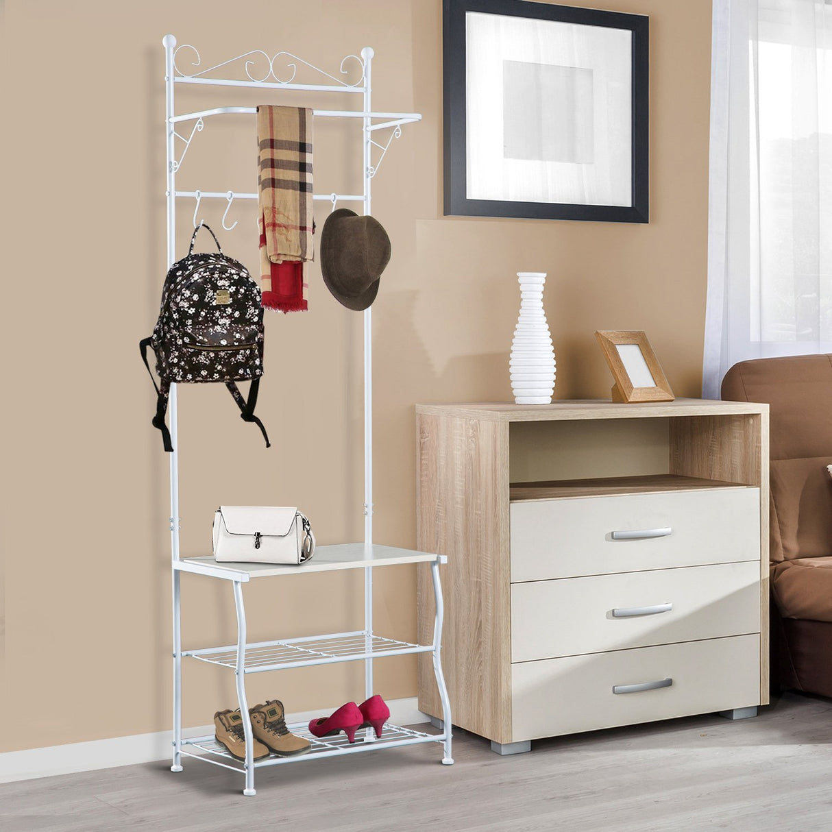 easycomfort easycomfort stand appendiabiti attaccapanni per ingresso scarpiera a 2 ripiani 5 ganci metallo 60 35 175cm bianco ean 8054111842167