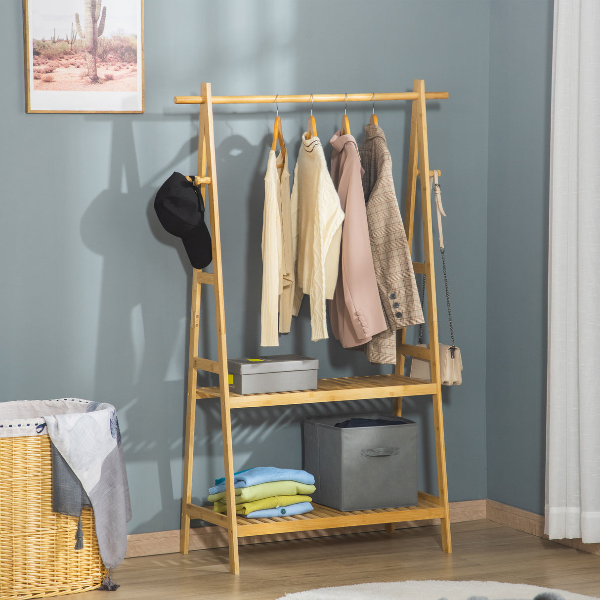 easycomfort easycomfort stand appendiabiti con 2 scaffali e 4 ganci laterali struttura in bambu 100l x 42p x 155acm color legno