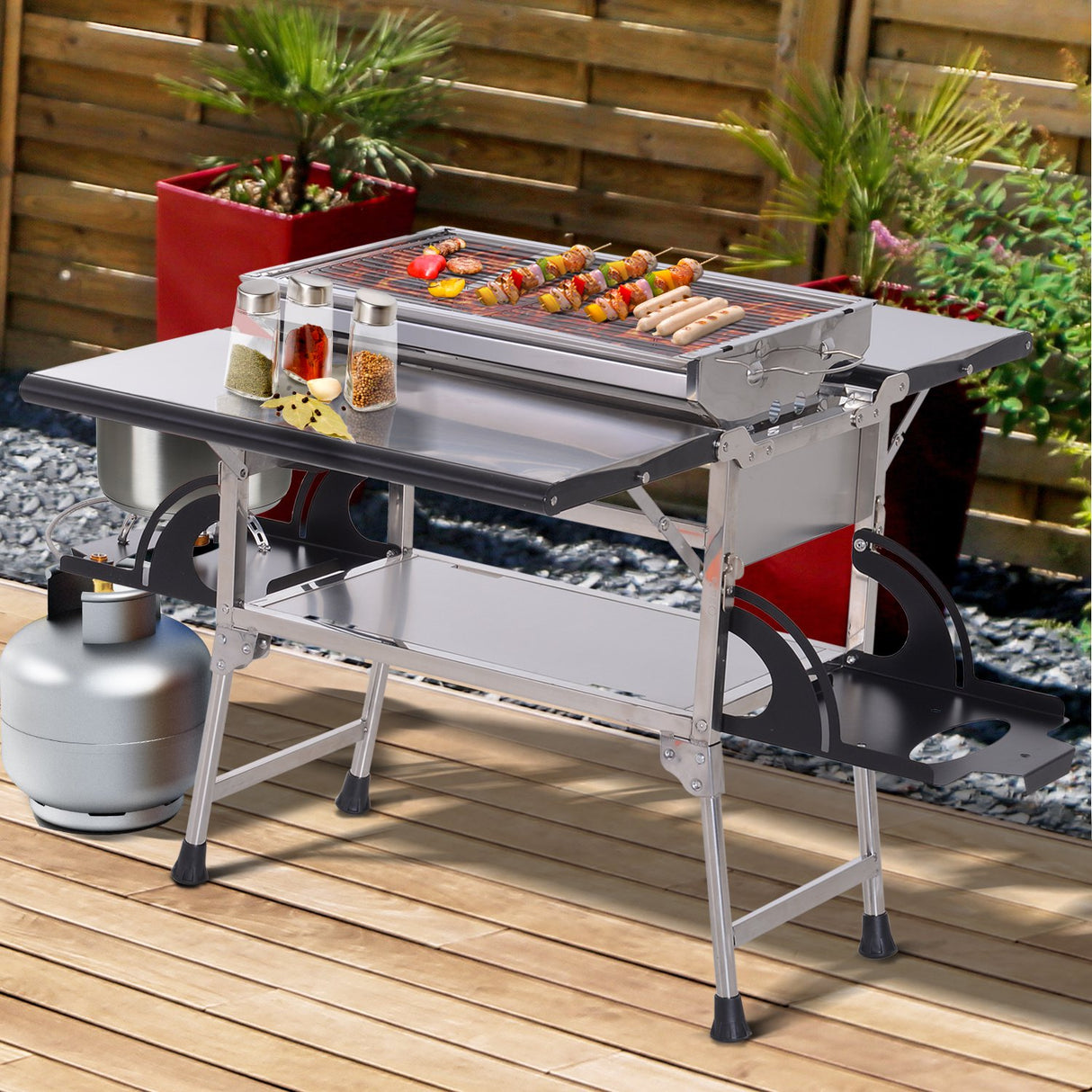 easycomfort easycomfort tavolino barbecue bbq portatile con fornello a gas pieghevole in alluminio argento 104 2x85 5x55cm ean 8055776916705