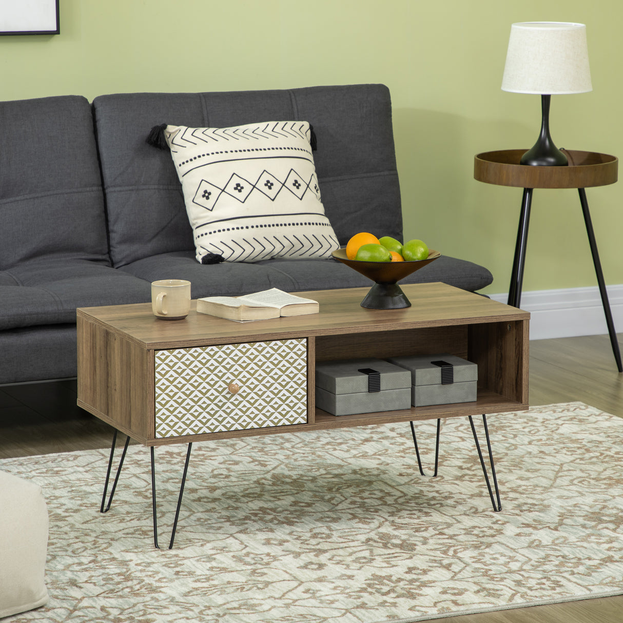 easycomfort easycomfort tavolino basso da caffe con ripiano aperto e cassetto in truciolato e metallo 90x45x46 cm marrone e nero