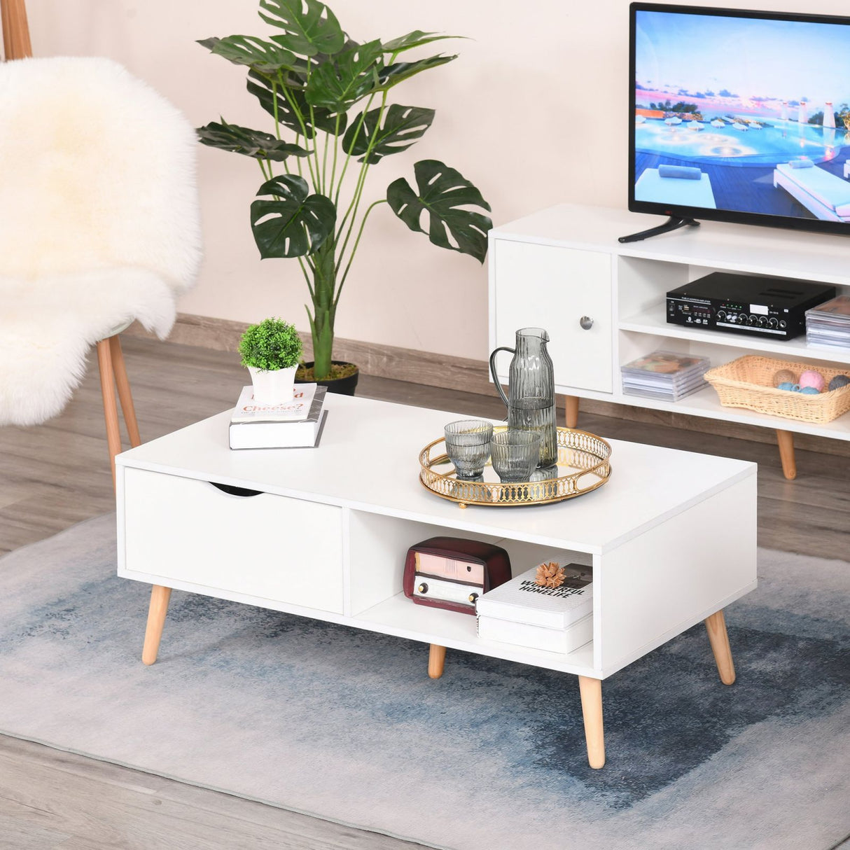 easycomfort easycomfort tavolino basso da caffe stile nordico bianco e gambe in legno 100x48x44cm