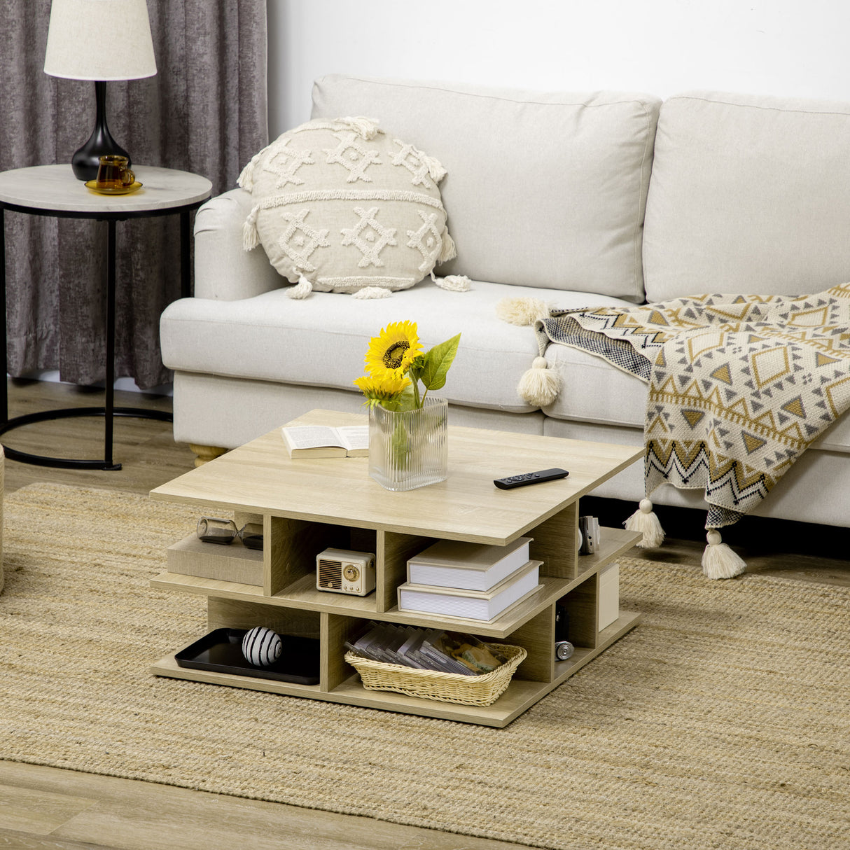 easycomfort easycomfort tavolino basso da salotto a 2 livelli in truciolato con ripiani aperti 70x70x36 5 cm color legno