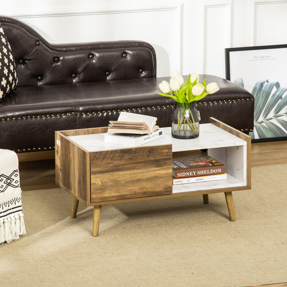 easycomfort easycomfort tavolino da caffe rettangolare con cassetto e ripiano 80x45x40 5cm marrone e bianco