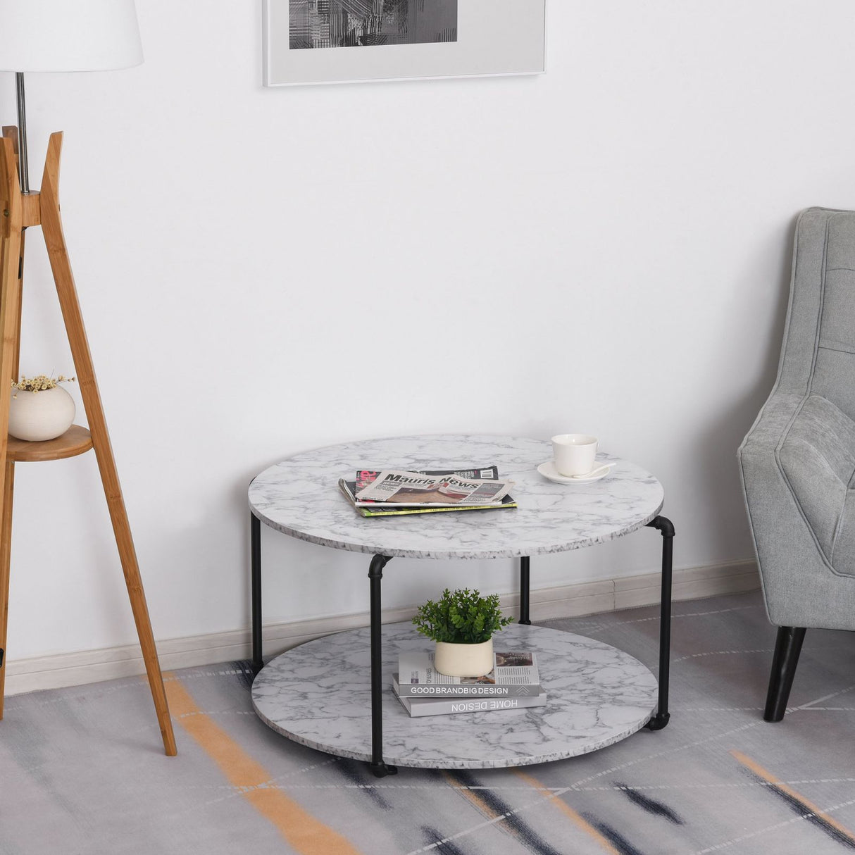 easycomfort easycomfort tavolino da caffe rotondo con 2 piani dappoggio in legno mdf effetto marmo ean 8054144130491