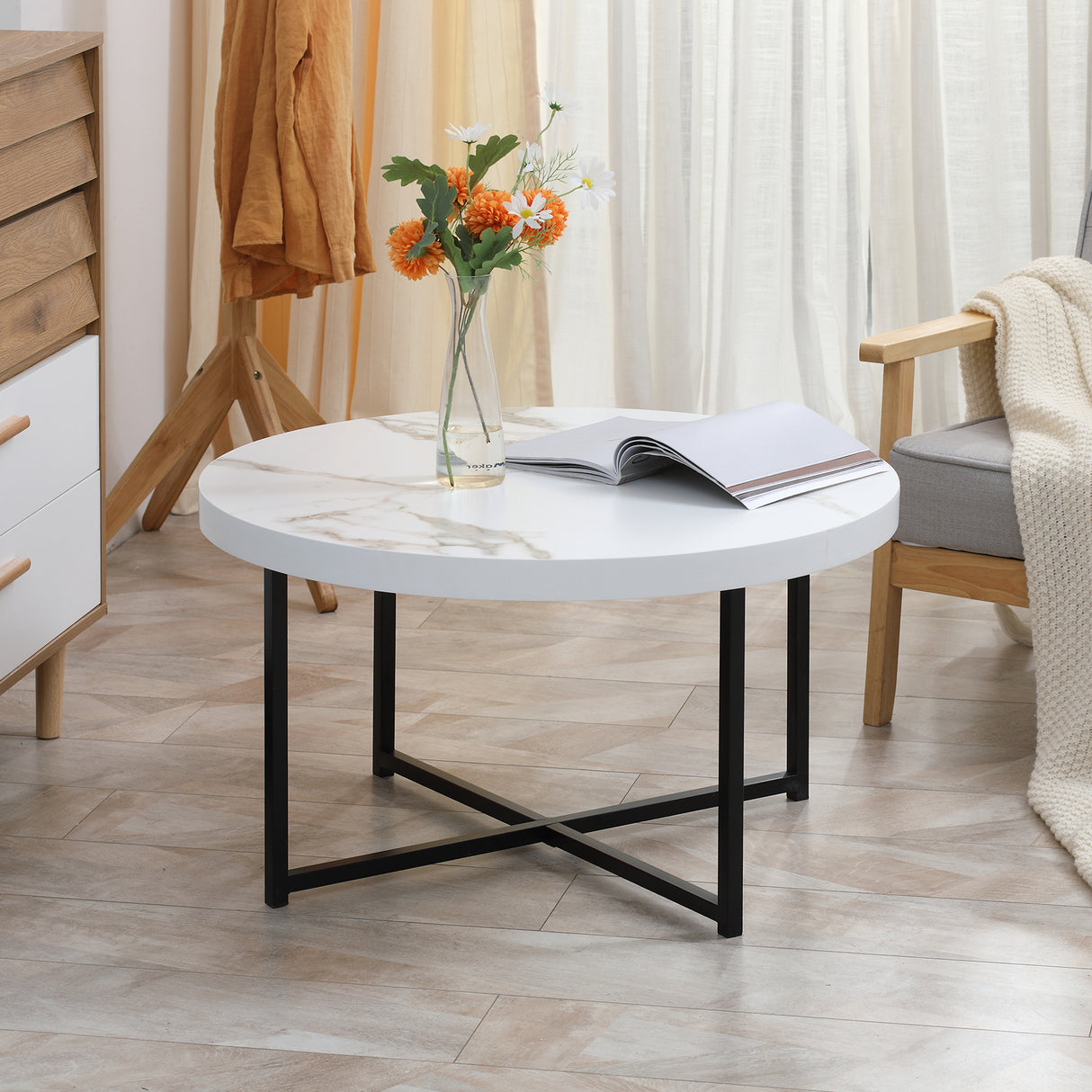 easycomfort easycomfort tavolino da caffe rotondo con piano effetto marmo in mdf e gambe in metallo 80x45 cm bianco