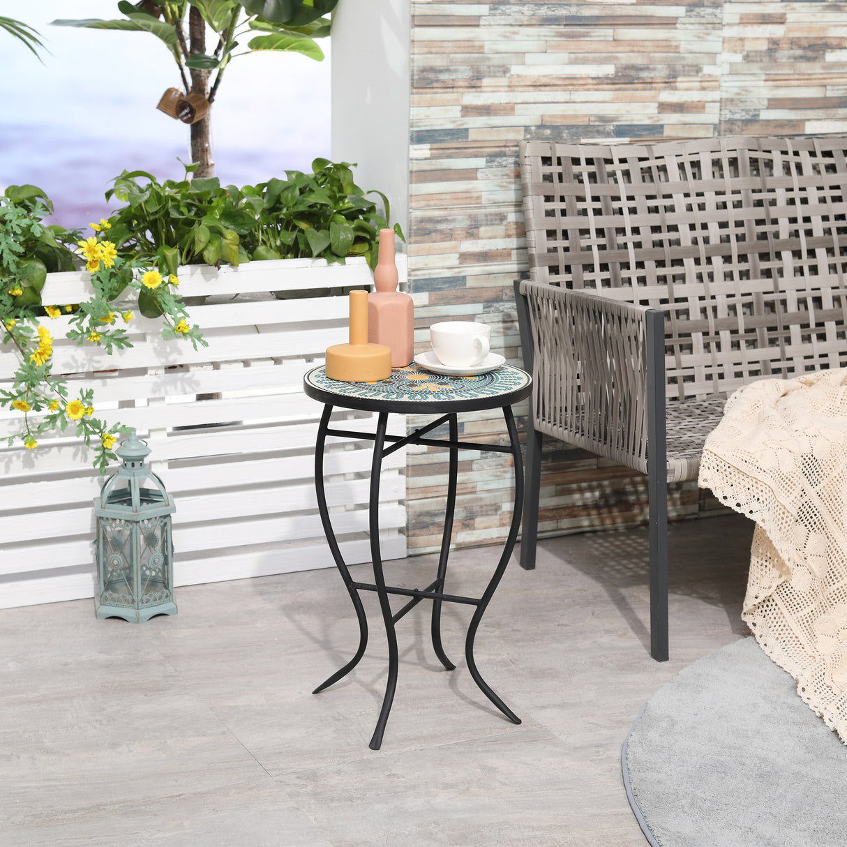 easycomfort easycomfort tavolino da giardino rotondo con piano dappoggio a mosaico 35 5x53 5cm