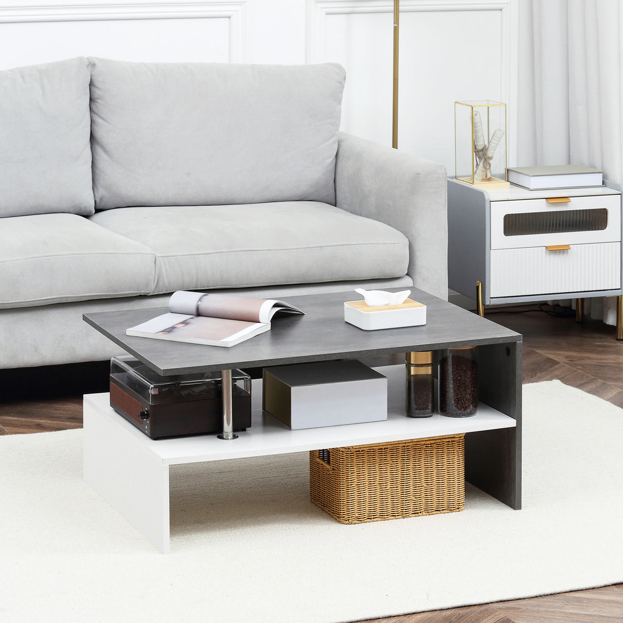 easycomfort easycomfort tavolino da salotto moderno a 2 livelli in truciolato e acciaio inox 90x60x42 cm bianco e cemento