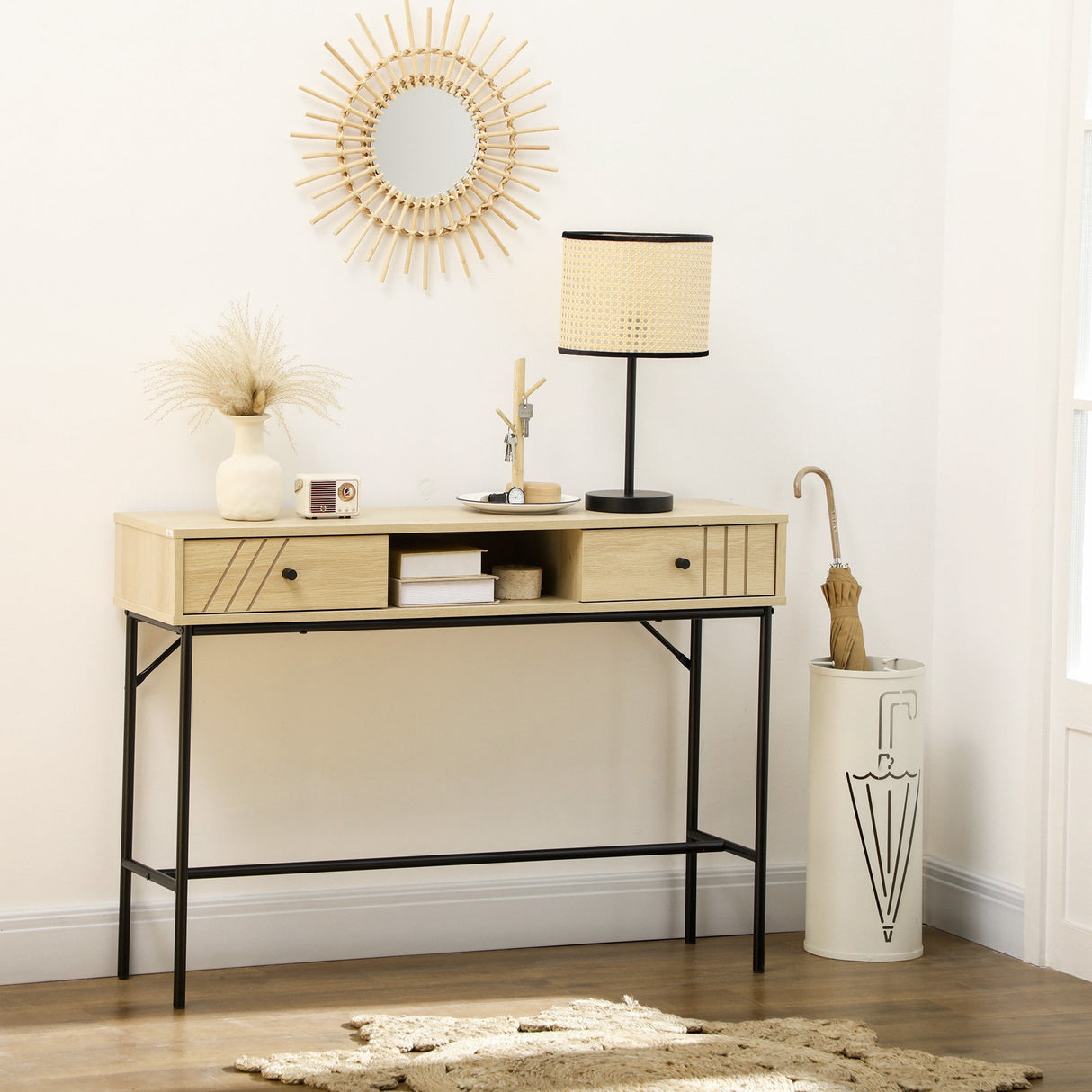 easycomfort easycomfort tavolo consolle in legno e metallo stile industriale con 2 cassetti 110x29 5x78cm naturale