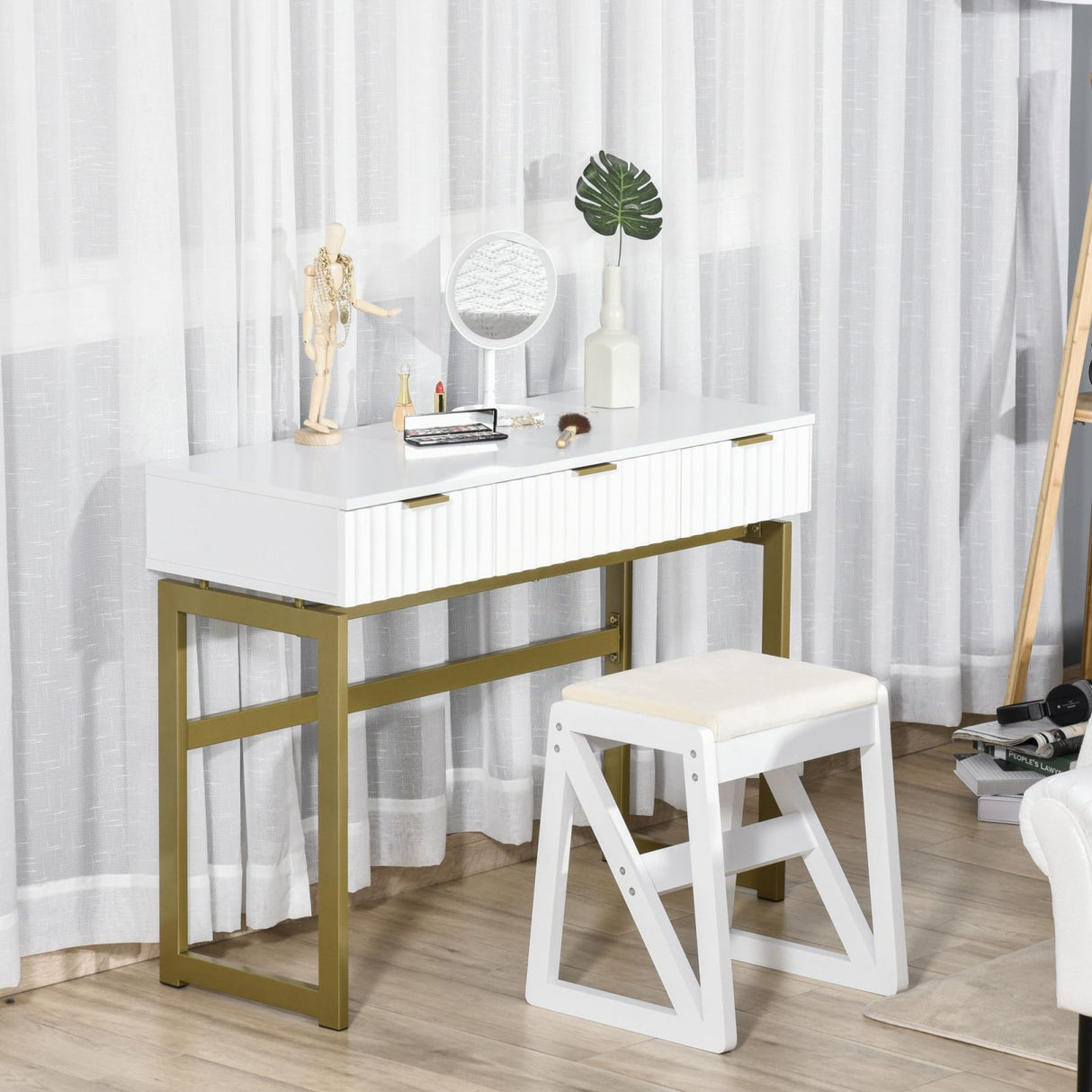 easycomfort easycomfort tavolo consolle toeletta con 3 cassetti in mdf bianco e struttura in metallo e dorato ean 8055776910659