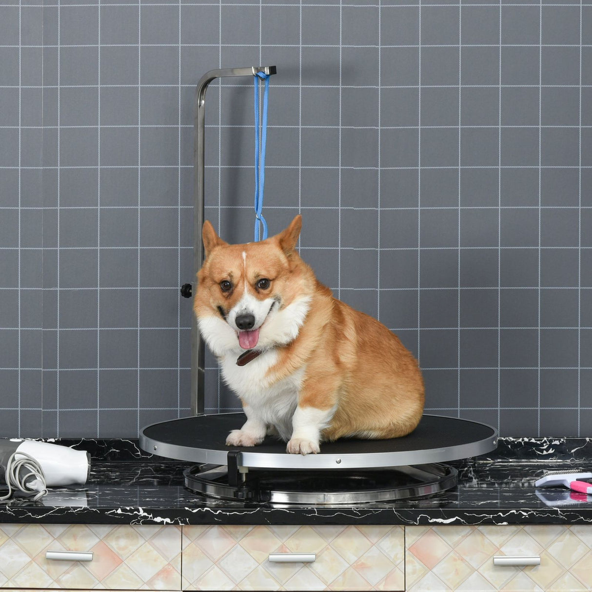 easycomfort easycomfort tavolo toelettatura girevole superficie antiscivolo braccio regolabile e guinzaglio 65x10cm nero