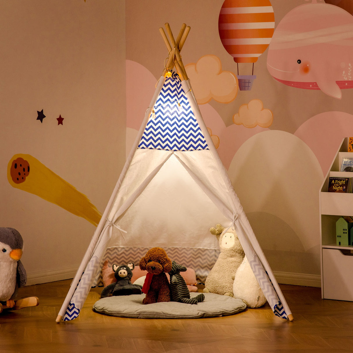 easycomfort easycomfort tenda indiana per bambini teepee in tessuto e legno con finestra eta 3 6 anni 120x120x155cm bianco e blu
