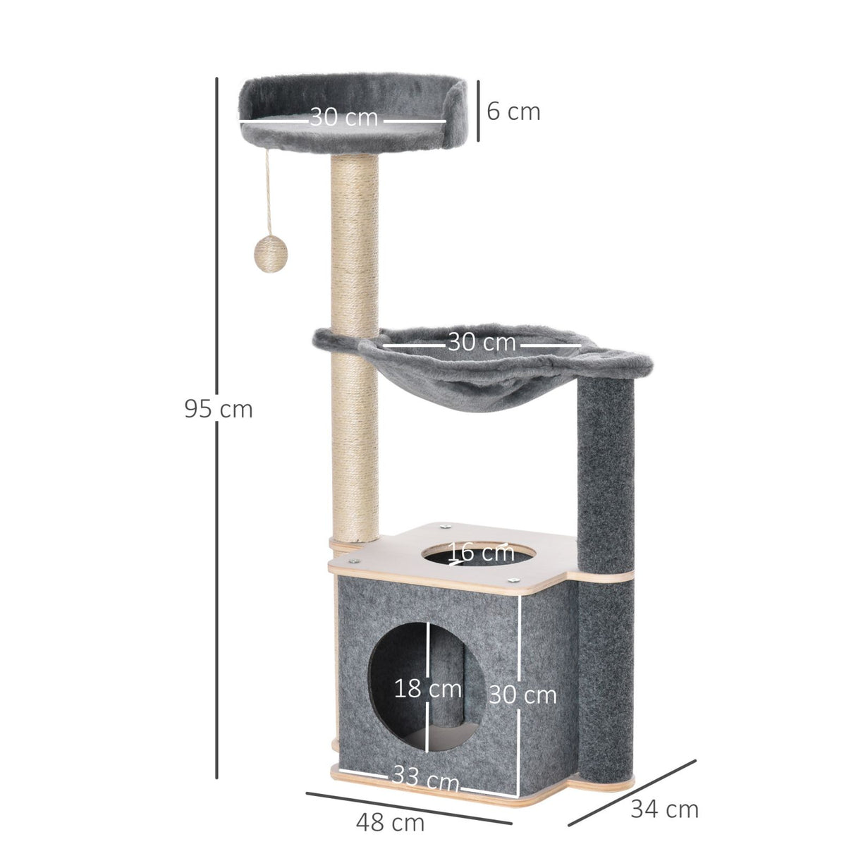 easycomfort easycomfort albero tiragraffi multilivello palestra per gatti con casetta amaca cuccia e corde in sisal 48x34x95cm grigio