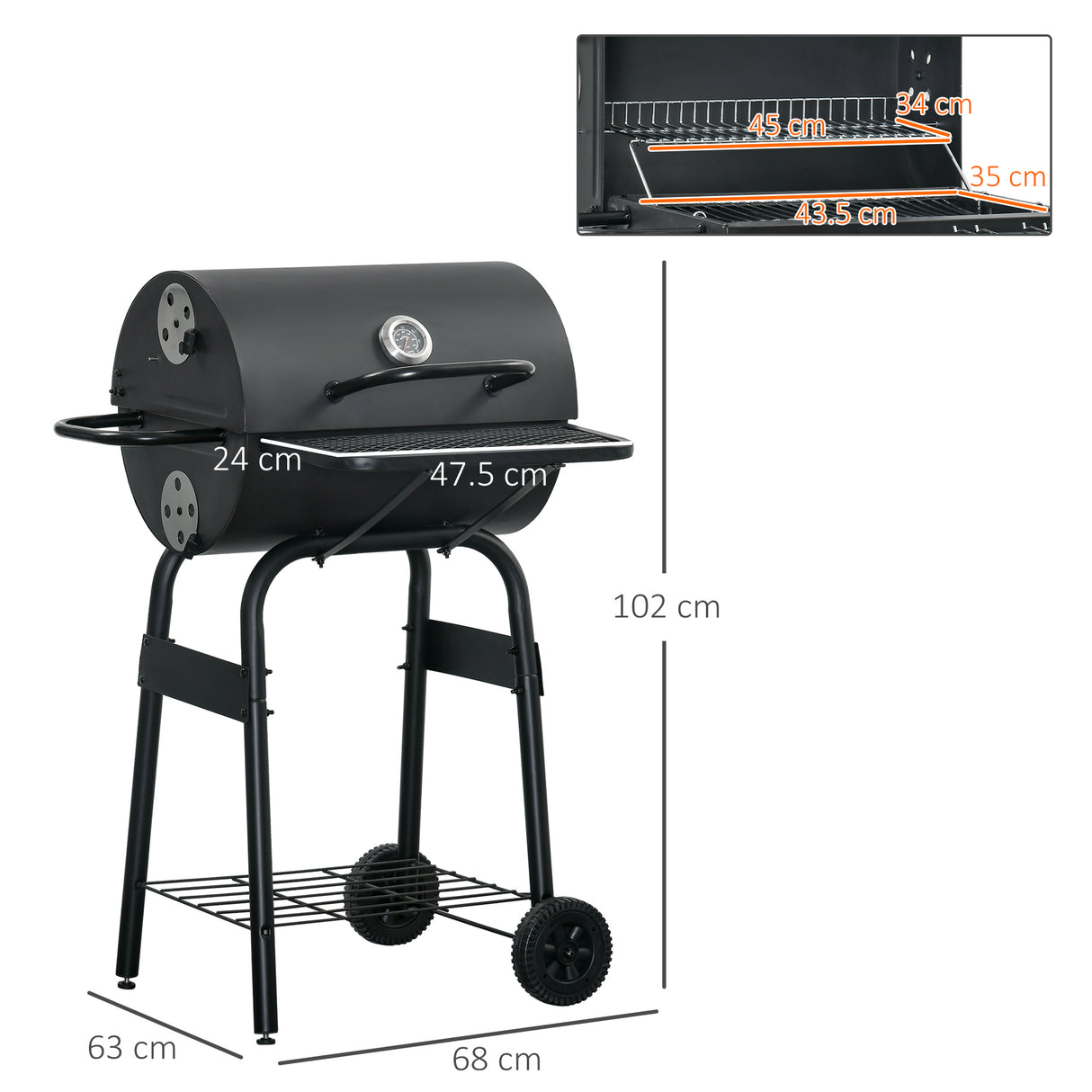 easycomfort easycomfort barbecue a carbone con coperchio termometro mensole e ruote 68x63x102cm nero