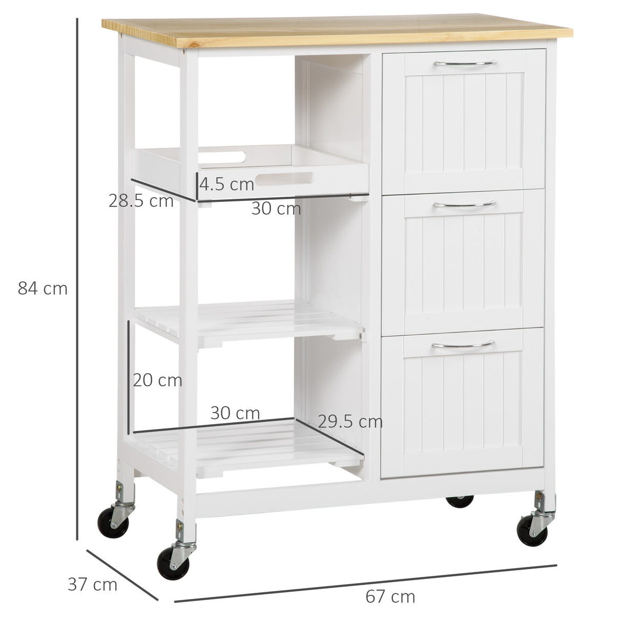 easycomfort easycomfort carrello da cucina con 3 cassetti 2 ripiani aperti e vassoio rimovibile in mdf e legno di pino 67x37x87 cm