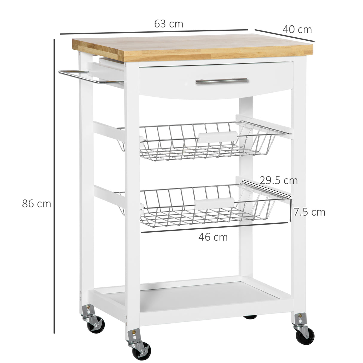 easycomfort easycomfort carrello da cucina con cassetto cestini e ruote girevoli 63x40x86cm bianco