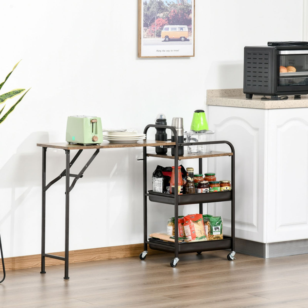 easycomfort easycomfort carrello da cucina con ripiano pieghevole e ruote marrone