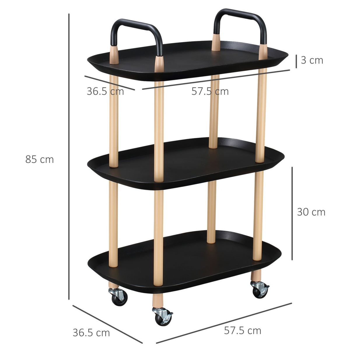 easycomfort easycomfort carrello portavivande da cucina in metallo e plastica carrello multiuso con 3 ripiani e 4 ruote nero e marrone 57 5x36 5x85cm