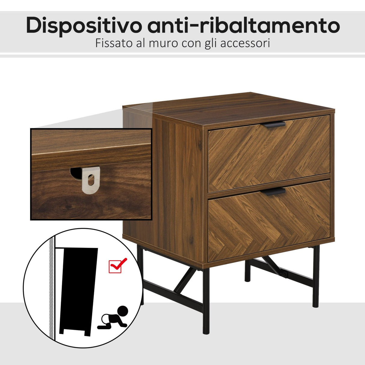 easycomfort easycomfort comodino con 2 cassetti in legno design in stile industriale color noce e nero ean 8054144138589