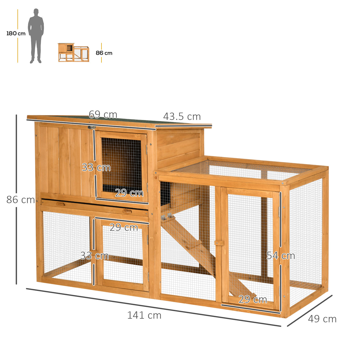 easycomfort easycomfort conigliera a 2 livelli in abete e acciaio con casetta spazio aperto e vassoio 141x49x86cm