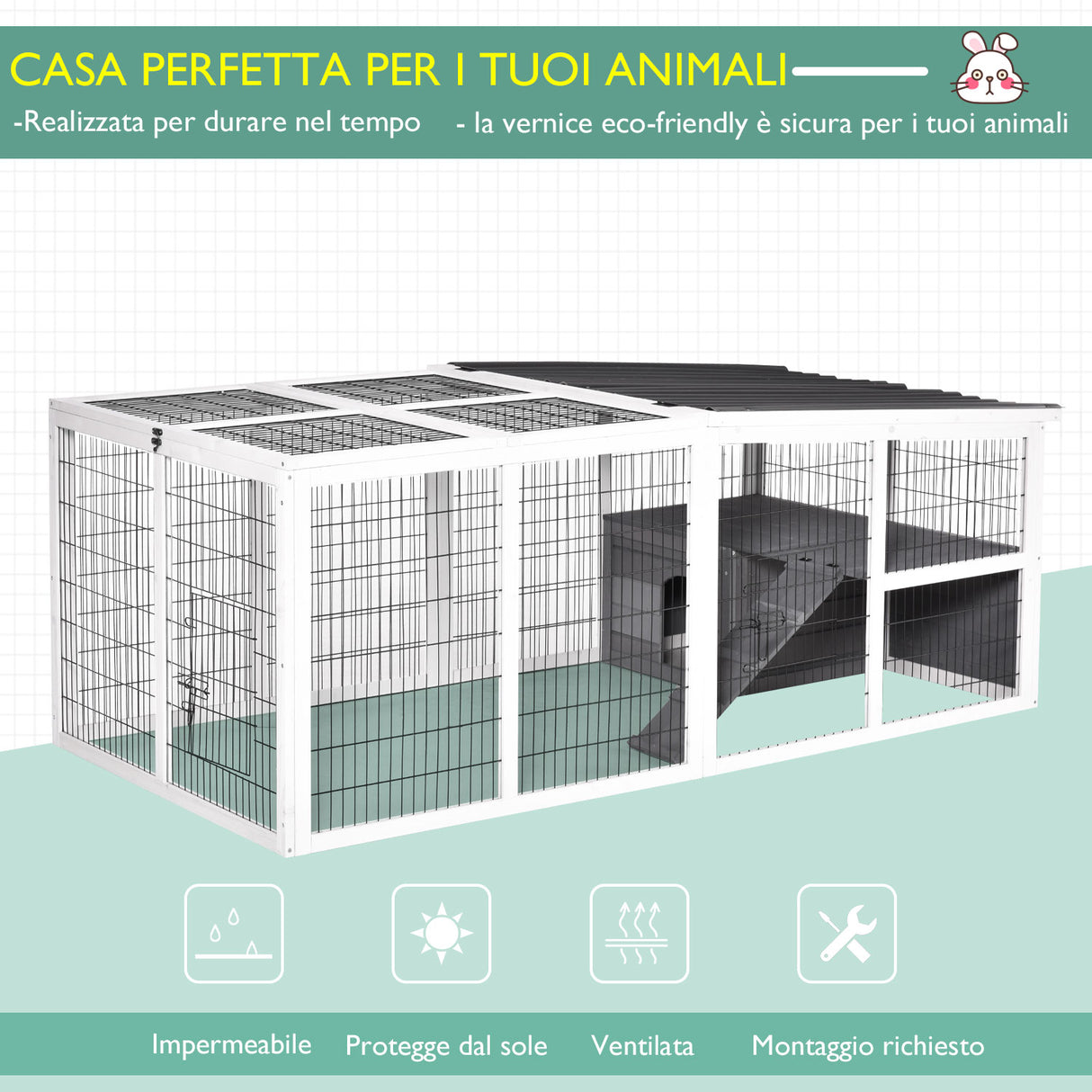 easycomfort easycomfort conigliera da esterno con casetta e recinto in legno e metallo grigia