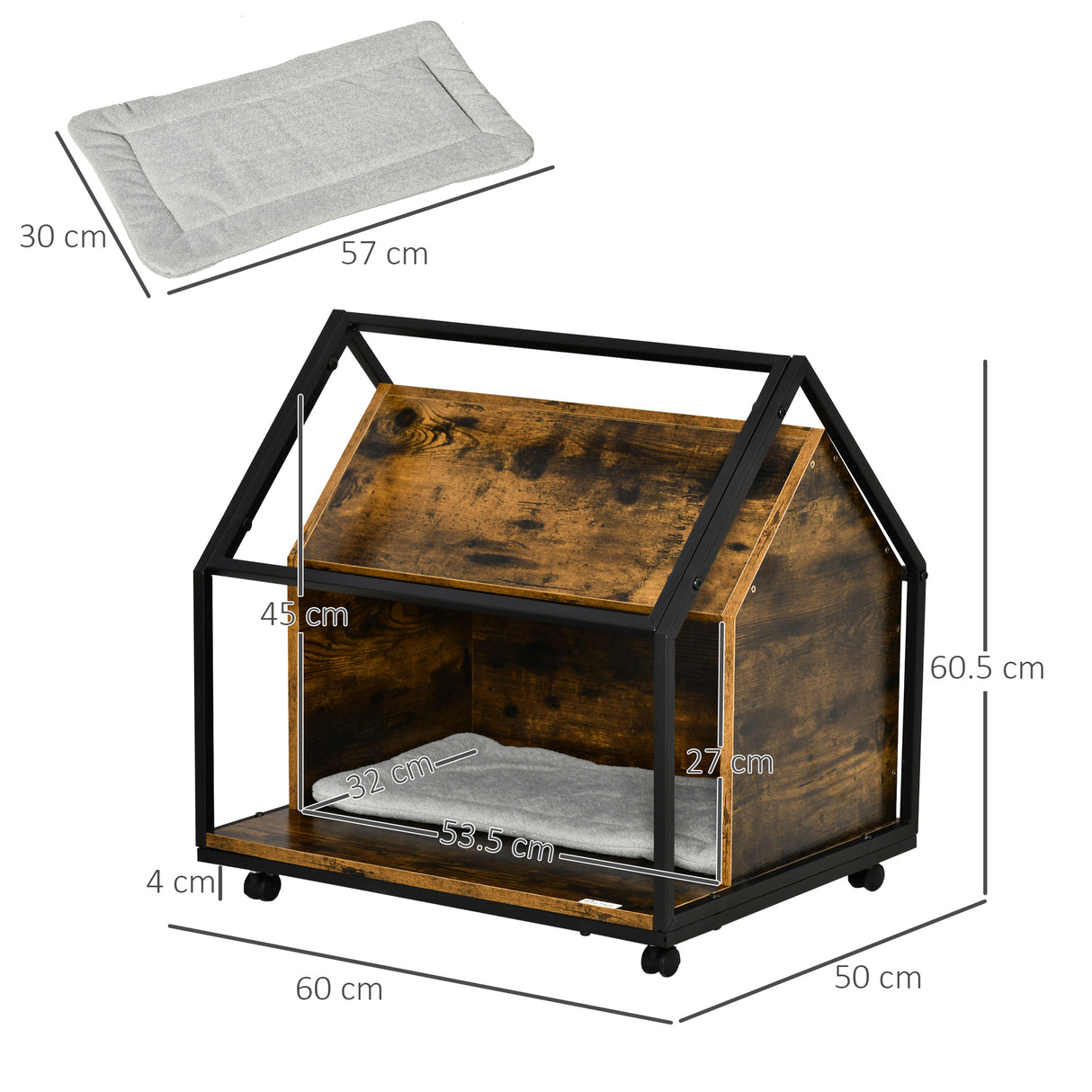 easycomfort easycomfort cuccia per gatti da interno con cuscino lavabile casetta per gatti in legno e acciaio stile industriale con 4 ruote marrone rustico