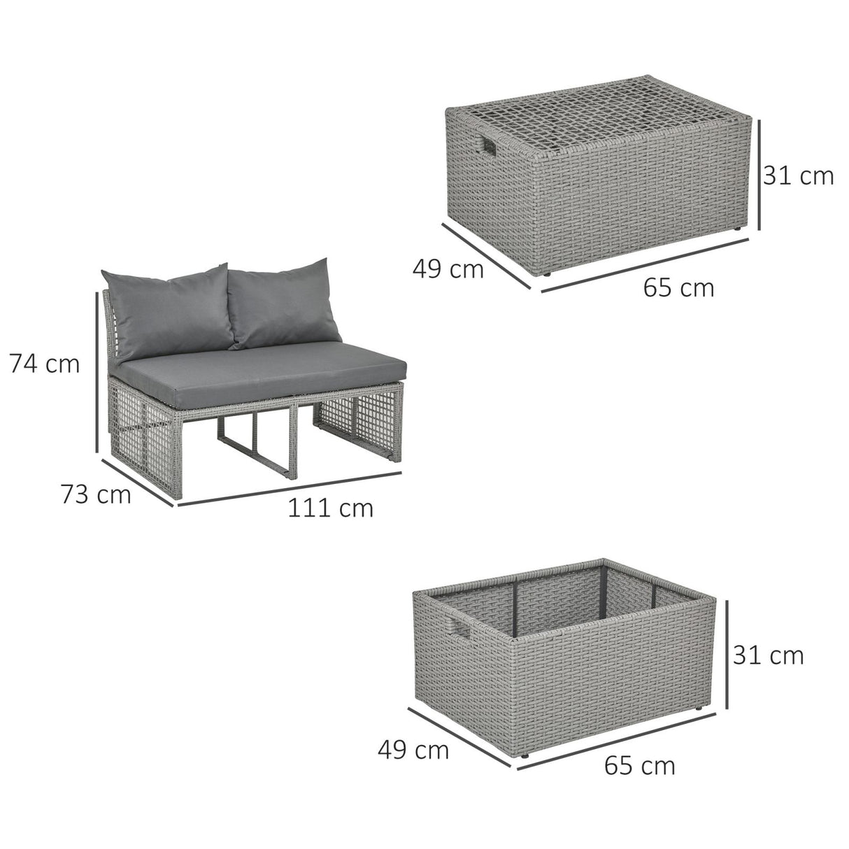 easycomfort easycomfort divano 2 posti con contenitore e pouf in rattan pe salvaspazio con cuscini grigio ean 8055776916262