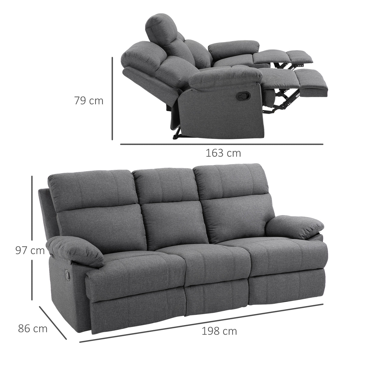 easycomfort easycomfort divano 3 posti con schienale e poggiapiedi reclinabili grigio antracite 198x86x97cm