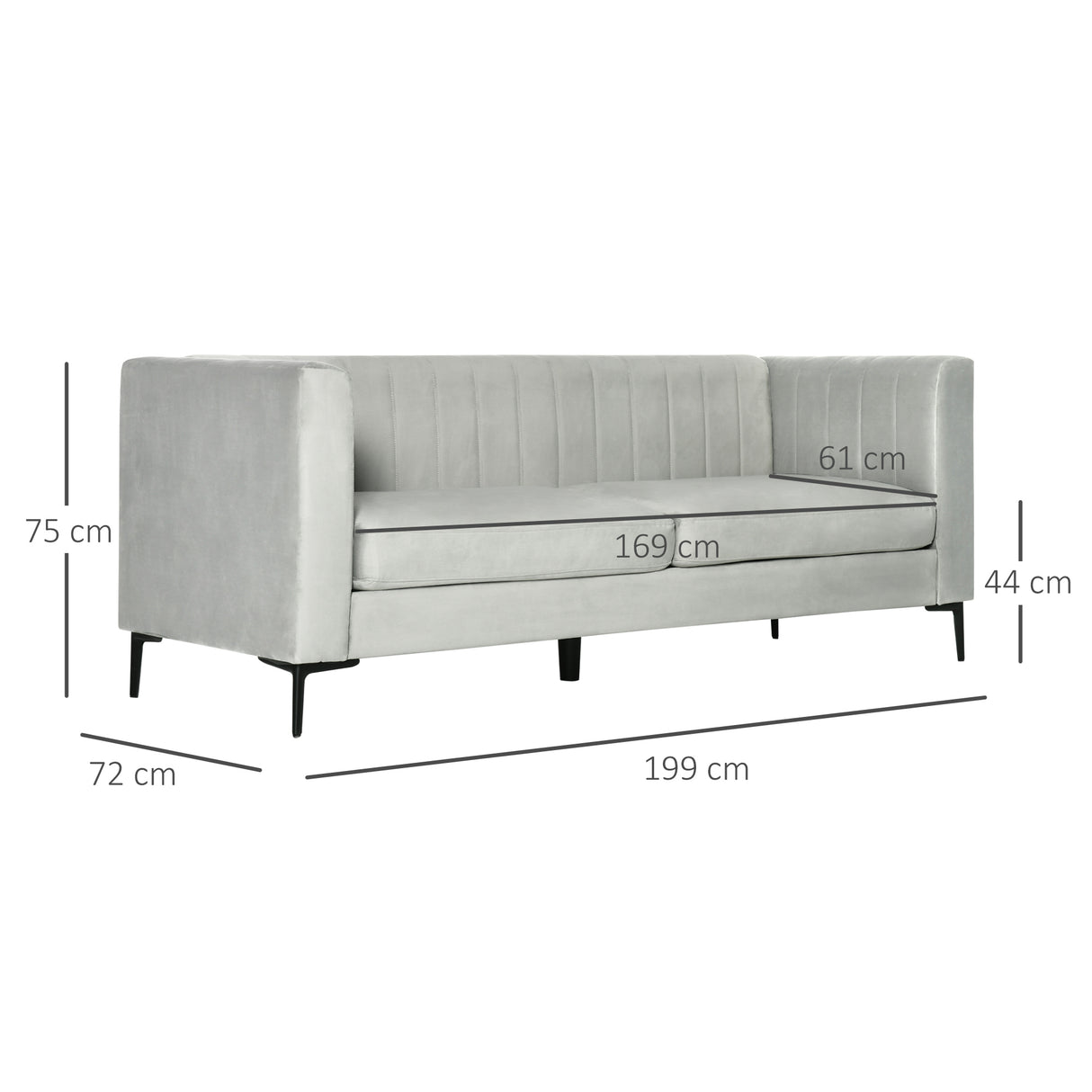 easycomfort easycomfort divano 3 posti in velluto grigio con 5 piedini e doghe 199x72x75cm