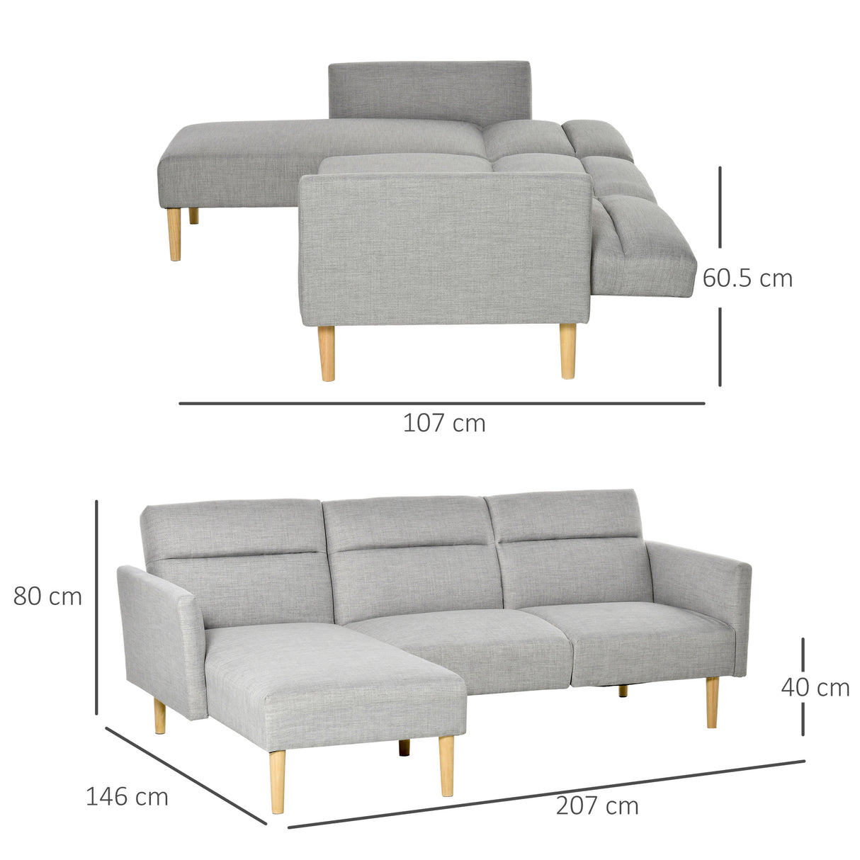 easycomfort easycomfort divano letto 3 posti divano angolare in tessuto grigio con schienale regolabile stile scandinavo 207x146x80cm