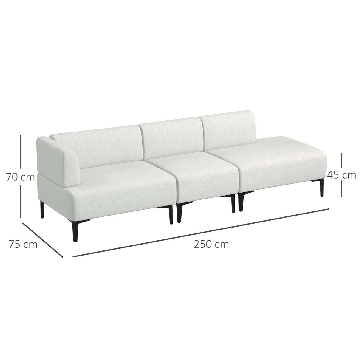 easycomfort easycomfort divano moderno modulabile a 3 sezioni in tessuto con gambe in acciaio 250x75x70cm crema
