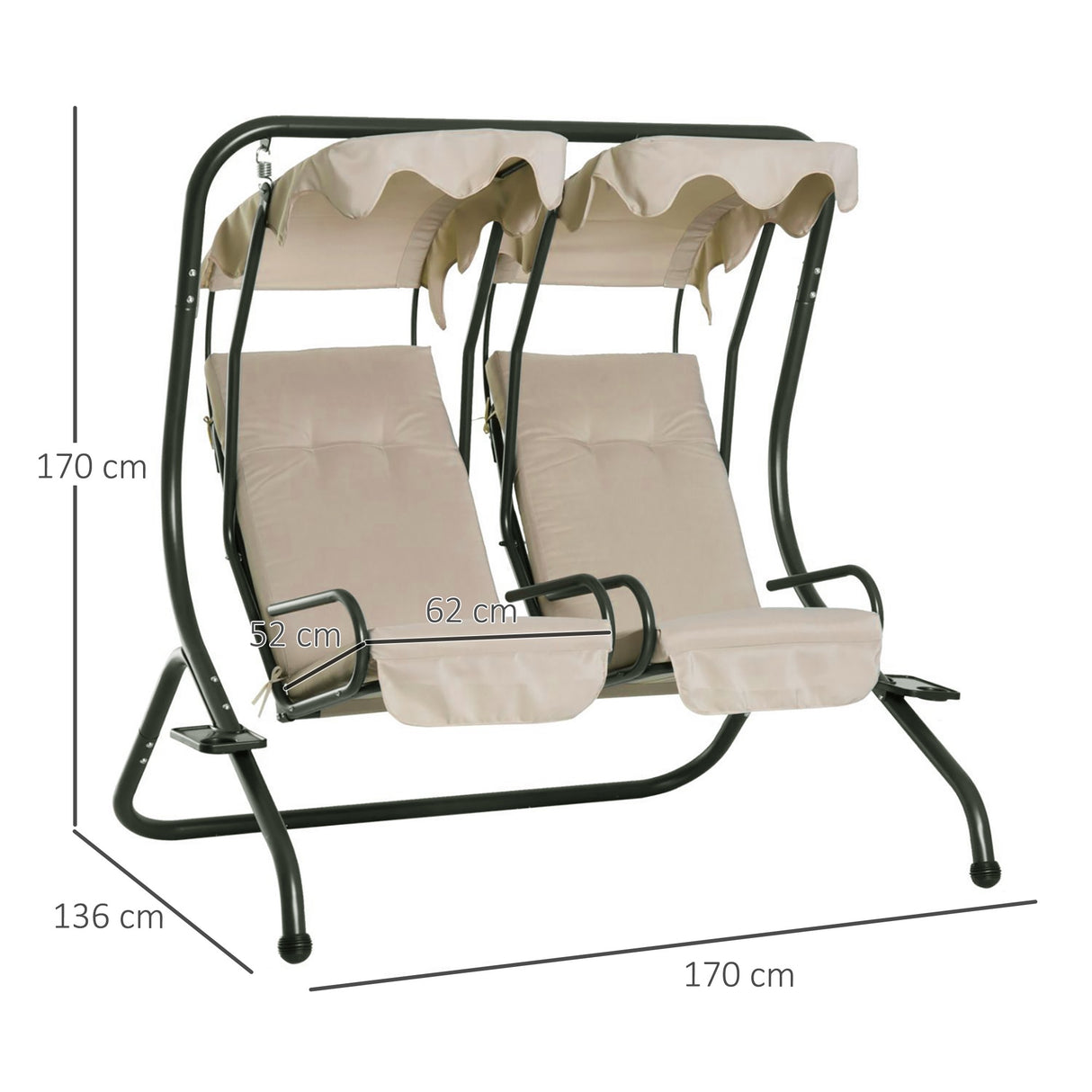 easycomfort easycomfort dondolo da giardino 2 posti con tettuccio parasole e vassoio porta bevande in acciaio beige
