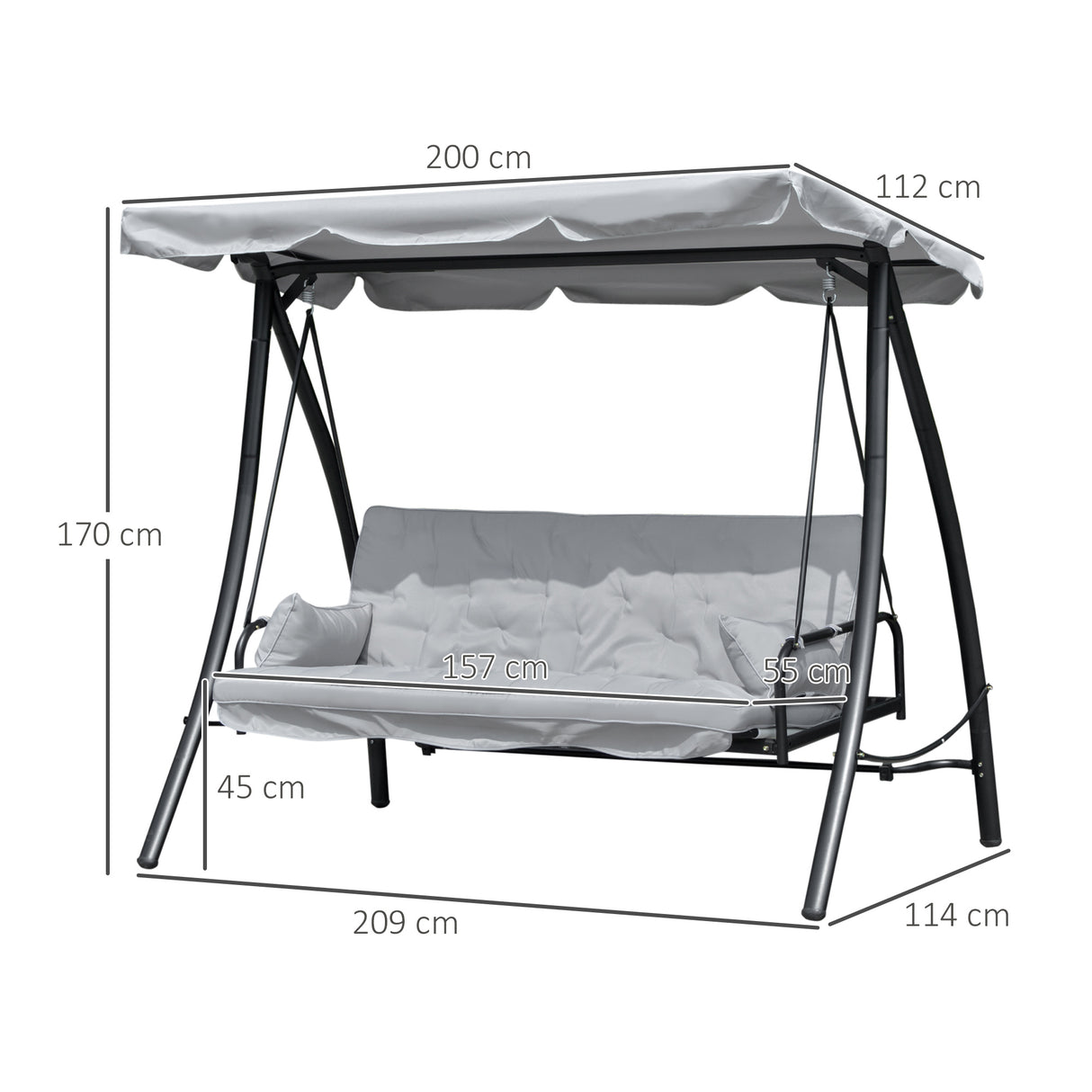 easycomfort easycomfort dondolo da giardino 3 posti con tetto reclinabile convertibile in letto 209x114x170cm grigio