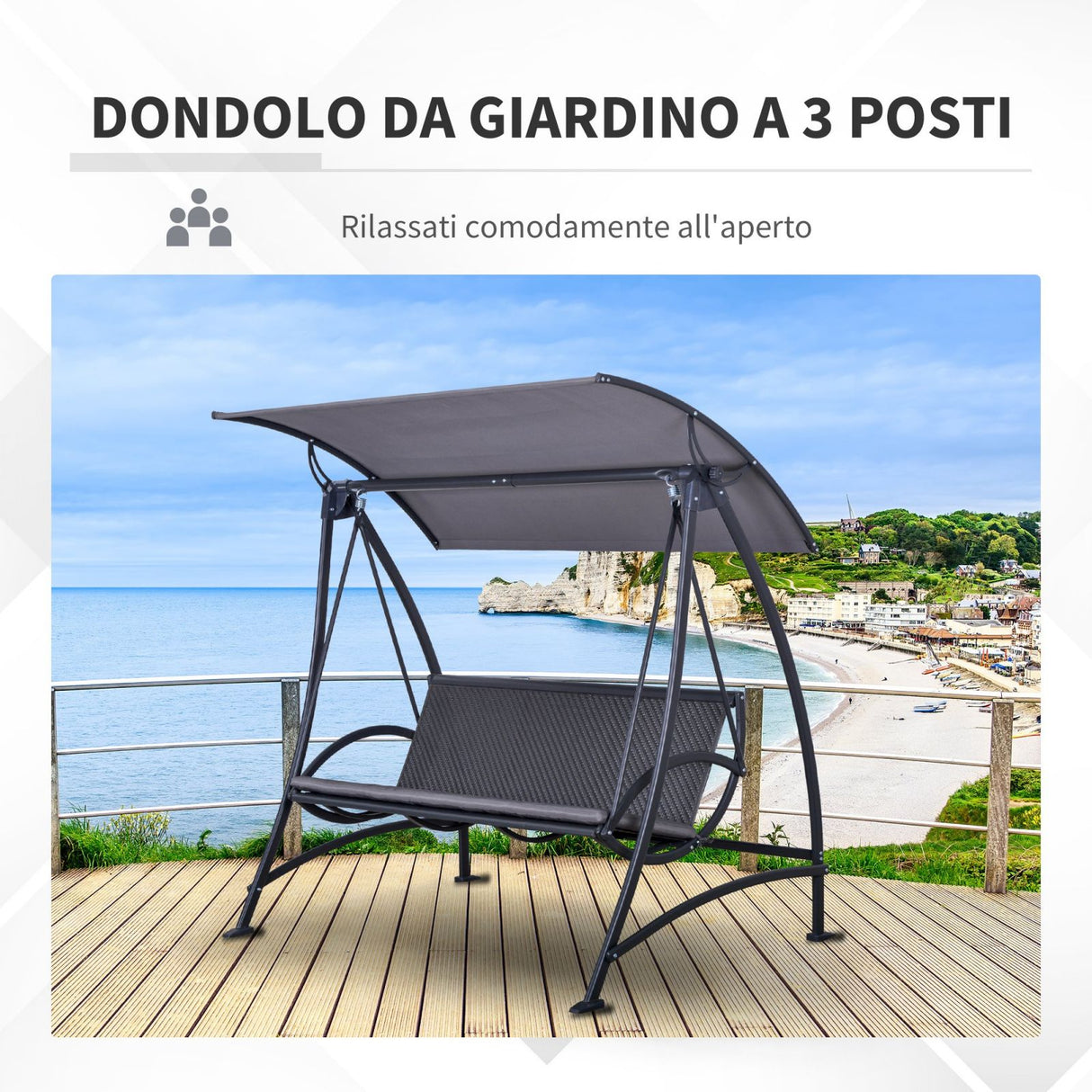 easycomfort easycomfort dondolo da giardino 3 posti in rattan pe con tettuccio regolabile e cuscino grigio